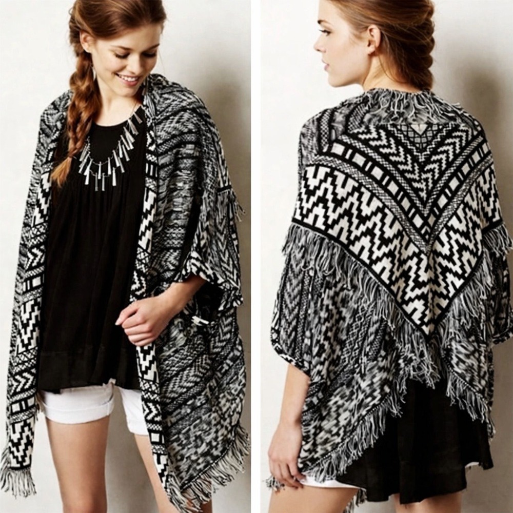 Anthropologie New Moth Black Fringed Southwestern Oversized Cardigan SZ Small